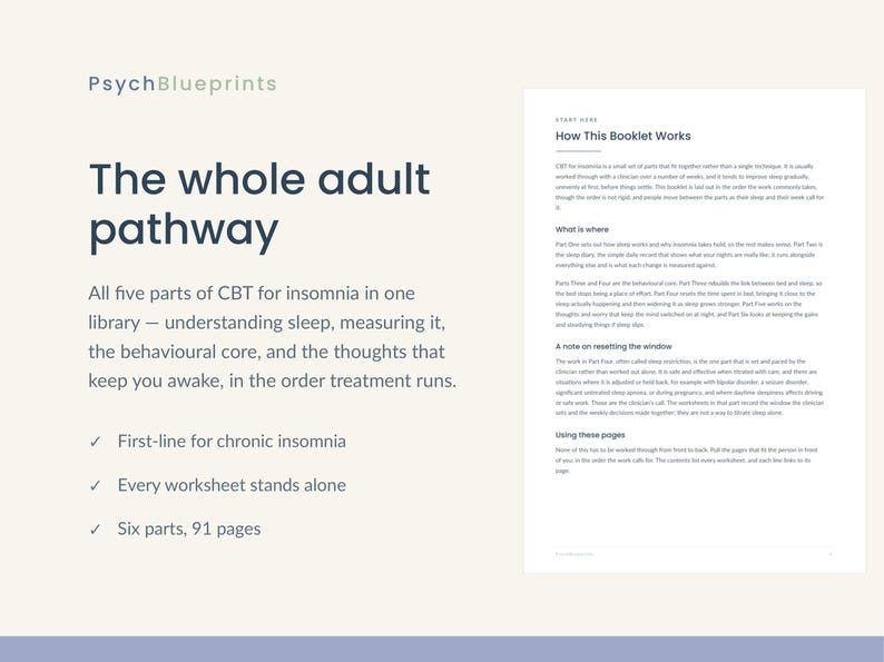 May include: A document titled PsychBlueprints featuring The whole adult pathway. It outlines five parts of CBT for insomnia, including understanding sleep, measuring it, the behavioral core, and thoughts. It lists 91 pages and six parts.