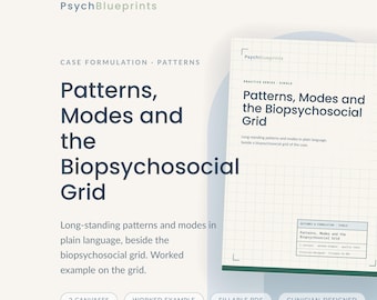 May include: A digital document titled Patterns, Modes and the Biopsychosocial Grid by PsychBlueprints. The page features a grid layout, text headers, and a section for outcomes and formulation. It includes labels for 2 canvases, a worked example, a fillable PDF, and clinician-designed content on a light background.