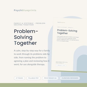 Könnte beinhalten: Ein digitales Dokument mit dem Titel PsychBlueprints Family & Systemic Problem-Solving Together. Der Text beschreibt eine schrittweise Methode für Familien zur Problemlösung, einschließlich Benennung und Planung. Es ist ein 27-seitiges PDF.