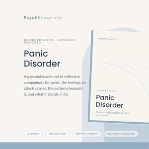 Puede incluir: Un documento digital titulado PsychBlueprints Panic Disorder, un kit de herramientas PDF rellenable de 24 páginas. La portada presenta texto azul oscuro sobre un fondo crema con acentos azul claro, describiendo un conjunto psicodinámico.