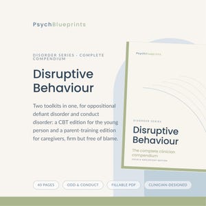 Può includere: Un documento digitale intitolato PsychBlueprints Disruptive Behaviour, un compendio completo per il disturbo oppositivo provocatorio e della condotta. Include due toolkit, un'edizione TCC per giovani e un'edizione di formazione per genitori, 40 pagine.