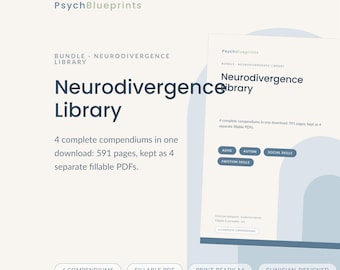 May include: A digital bundle titled PsychBlueprints Neurodivergence Library, featuring 4 complete compendiums totaling 591 pages in fillable PDF format. The document includes sections for ADHD, Autism, Social Skills, and Emotion Skills in A4 size.