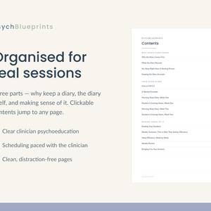 Pode incluir: Um documento digital intitulado PsychBlueprints apresentando o texto Organised for real sessions, uma descri&ccedil;&atilde;o de tr&ecirc;s partes e uma lista de recursos, incluindo psicoeduca&ccedil;&atilde;o cl&iacute;nica clara, agendamento e p&aacute;ginas livres de distra&ccedil;&otilde;es.
