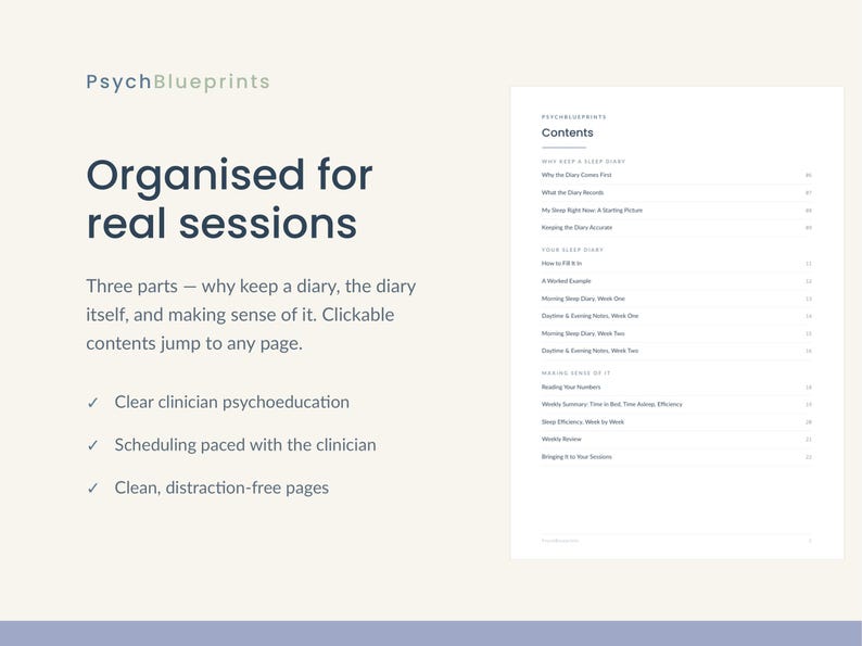 Pode incluir: Um documento digital intitulado PsychBlueprints apresentando o texto Organised for real sessions, uma descri&ccedil;&atilde;o de tr&ecirc;s partes e uma lista de recursos, incluindo psicoeduca&ccedil;&atilde;o cl&iacute;nica clara, agendamento e p&aacute;ginas livres de distra&ccedil;&otilde;es.