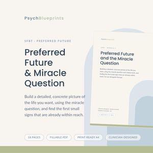 Hojas de trabajo sobre preguntas milagrosas / Terapia centrada en soluciones para un futuro preferido / Terapia centrada en soluciones / Visualización de objetivos / PDF rellenable