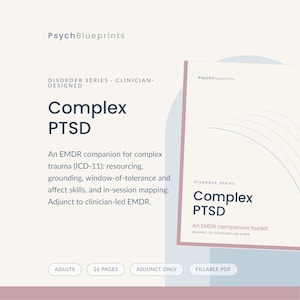 Può includere: Un toolkit digitale intitolato PsychBlueprints Complex PTSD, un compagno EMDR per traumi complessi. Il documento comprende 26 pagine, è compilabile ed è progettato per adulti. Include sezioni per il resourcing, il grounding e la mappatura.
