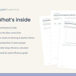 Pode incluir: Um conjunto de nove folhas de trabalho e ferramentas em papel branco intituladas PsychBlueprints. O texto What's inside lista os conte&uacute;dos, incluindo um di&aacute;rio, di&aacute;rios da manh&atilde; e do dia, um exemplo de tempo na cama e um gr&aacute;fico de efici&ecirc;ncia.