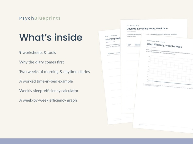 Pode incluir: Um conjunto de nove folhas de trabalho e ferramentas em papel branco intituladas PsychBlueprints. O texto What's inside lista os conte&uacute;dos, incluindo um di&aacute;rio, di&aacute;rios da manh&atilde; e do dia, um exemplo de tempo na cama e um gr&aacute;fico de efici&ecirc;ncia.