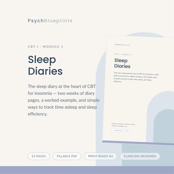 CBT-I Sleep Diary Worksheets, Insomnia Tracker, Efficiency Log (Fillable PDF)