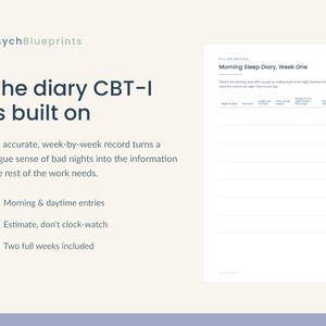 Pode incluir: Um documento branco intitulado Morning Sleep Diary, Week One com uma tabela para rastrear h&aacute;bitos de sono. O texto PsychBlueprints, The diary CBT-I is built on e pontos sobre entradas matinais s&atilde;o exibidos &agrave; esquerda.