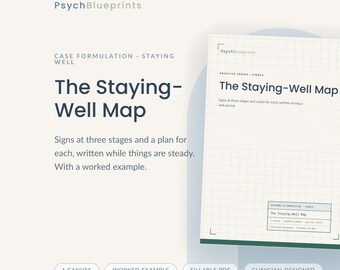 May include: A PsychBlueprints document titled The Staying-Well Map, featuring a grid-lined layout for case formulation. The document includes sections for signs at three stages and a plan for each, with a worked example, fillable PDF, and clinician-designed labels.