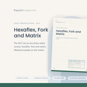 Hojas de trabajo de la Terapia de Aceptación y Compromiso (ACT) con bifurcación y matriz / Seis procesos, valores y formulación de evitación, ejemplo resuelto / Herramientas terapéuticas (PDF rellenable)