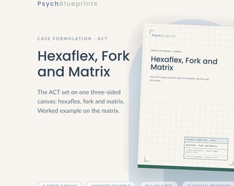 May include: A digital document titled PsychBlueprints Case Formulation ACT Hexaflex, Fork and Matrix. The document features a grid background, dark blue text, and a table labeled Outcomes & Formulation. It is a three-sided canvas with a worked example.
