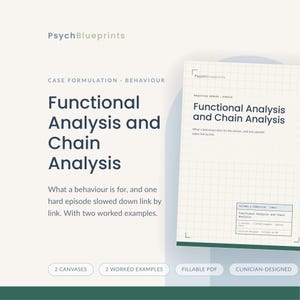 Puede incluir: Un documento de PsychBlueprints titulado Functional Analysis and Chain Analysis, con una página de cuadrícula y texto azul oscuro. El documento incluye secciones para resultados, formulación y ejemplos en un formato PDF rellenable.