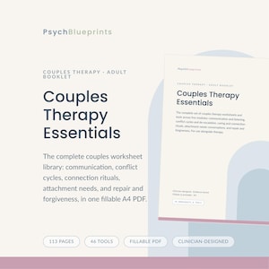 Puede incluir: Un folleto digital Couples Therapy Essentials en formato A4. El documento presenta texto azul oscuro sobre un fondo claro, detallando 113 páginas, 46 herramientas y funcionalidad PDF rellenable para comunicación, ciclos de conflicto y rituales.