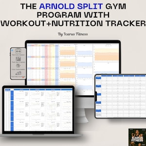 Op de afbeelding: Een digitaal fitnessprogramma weergegeven op meerdere schermen, waaronder een laptop, tablet en smartphone. Het programma, getiteld "The Arnold Split Gym Program", bevat workout- en voedingsvolgfuncties. De interface toont grafieken en datavisualisaties.