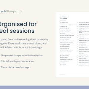 May include: A digital document titled PsychBlueprints featuring a contents page with sections on sleep and insomnia. The text includes Organised for real sessions, six parts, and bullet points highlighting sleep restriction and psychoeducation.