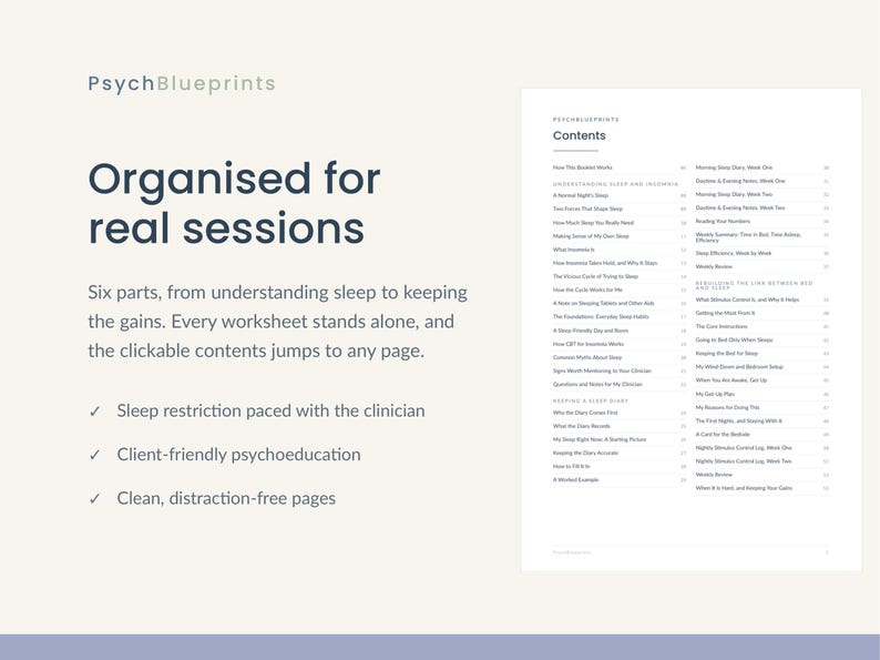 May include: A digital document titled PsychBlueprints featuring a contents page with sections on sleep and insomnia. The text includes Organised for real sessions, six parts, and bullet points highlighting sleep restriction and psychoeducation.