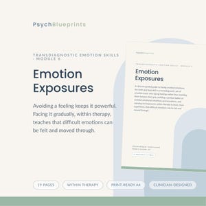 May include: A digital document titled PsychBlueprints Transdiagnostic Emotion Skills Module 6 Emotion Exposures. The text explains that avoiding a feeling keeps it powerful, while facing it gradually teaches that difficult emotions can be felt.