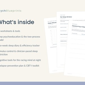 May include: A collection of 41 worksheets and tools titled PsychBlueprints, featuring text about sleep psychoeducation, a two-week sleep diary, efficiency tracker, stimulus control, cognitive tools, and a relapse-prevention plan and CBT-I toolkit.