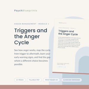 May include: A digital document titled PsychBlueprints Anger Management Module 1: Triggers and the Anger Cycle. The text explains mapping the cycle from trigger to aftermath, identifying early warning signs, and finding the gap for different choices.