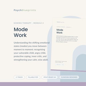 May include: A digital document titled PsychBlueprints Schema Therapy Module 2 Mode Work. The text explains shifting emotional states including the vulnerable child, angry child, protective coping, inner critic, and calm, wise adult. Includes 17 pages.