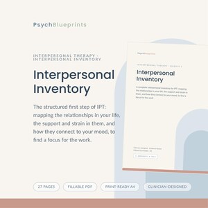 Könnte beinhalten: Ein digitales Dokument mit dem Titel PsychBlueprints Interpersonal Inventory mit dunkelblauem Text auf hellcremefarbenem Hintergrund. Das Dokument beschreibt einen strukturierten ersten Schritt der IPT zur Erfassung von Beziehungen, Unterstützung und Belastung, inklusive 27 Seiten.