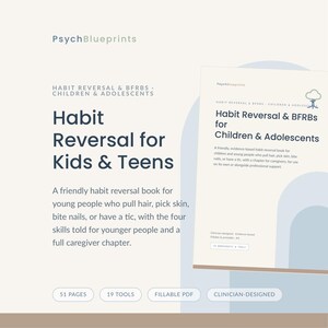 Op de afbeelding: Een digitaal document getiteld PsychBlueprints Habit Reversal & BFRBs Children & Adolescents. De tekst luidt Habit Reversal for Kids & Teens, met een beschrijving van een boek voor mensen die haren trekken, aan de huid plukken of nagels bijten.