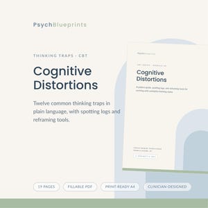 以下が含まれることがあります： PsychBlueprints Cognitive DistortionsというタイトルのCBTシリーズモジュールのデジタル文書。12の思考の罠、記録ログ、再構成ツールが含まれています。19ページ、入力可能なPDF、印刷用A4サイズ、臨床医によって設計されています。