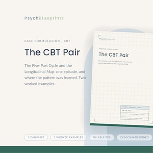 May include: A digital document titled The CBT Pair by PsychBlueprints, featuring a grid-patterned page for case formulation. The text includes The Five-Part Cycle and the Longitudinal Map, with two worked examples, fillable PDF, and clinician-designed.