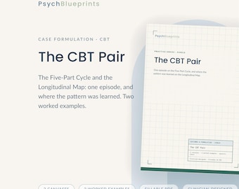 May include: A digital document titled The CBT Pair by PsychBlueprints, featuring a grid-patterned page for case formulation. The text includes The Five-Part Cycle and the Longitudinal Map, with two worked examples, fillable PDF, and clinician-designed.