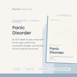 以下が含まれることがあります： PsychBlueprints Panic Disorderというタイトルのデジタルドキュメントで、パニックのためのACTツールキットです。表紙には「Disorder Series, Panic Disorder, An acceptance and commitment toolkit, Adult Edition」というテキストがあります。26ページ、入力可能なPDF、印刷可能なA4サイズ、臨床医による設計が含まれています。
