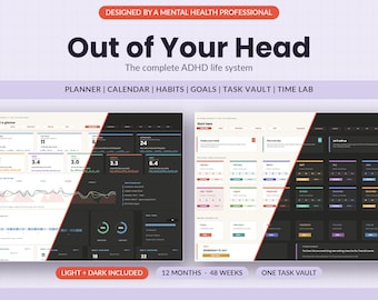 May include: A digital life system titled Out of Your Head, designed by a mental health professional. It features a planner, calendar, habits, goals, task vault, and time lab. The interface includes both light and dark modes for Microsoft Excel 2021/365.