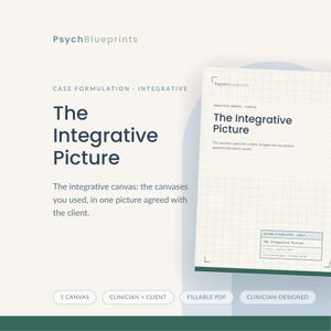 Könnte beinhalten: Ein PsychBlueprints-Dokument mit dem Titel The Integrative Picture, das eine Seite mit Rasterlinien und dem Text Case Formulation - Integrative zeigt. Das Dokument enthält einen ausfüllbaren PDF-Bereich und klinische Etiketten.
