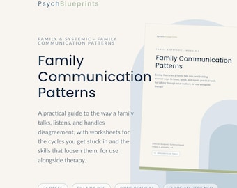 May include: A digital document titled Family Communication Patterns by PsychBlueprints, featuring a guide on family dynamics. The text includes 26 pages, fillable PDF, print-ready A4, and clinician-designed labels on a cream background.