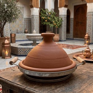 Peut inclure: Un tajine traditionnel en terre cuite avec un couvercle conique, posé sur une base métallique avec des poignées en bois. Le tajine est posé sur une table en bois rustique, dans une cour décorative.
