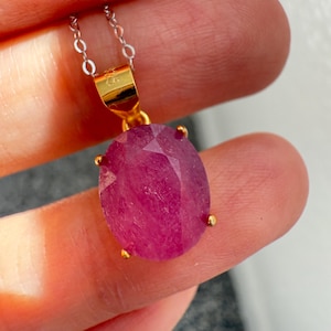 Natural Pink Ruby Necklace, 925 Sterling Silver 11x9mm Large Oval Pendant, July Birthstone 14K Gold Plated Two-Tone Minimalist Jewelry Gift