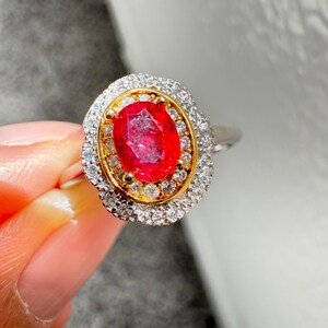 Natural Ruby Vintage Ring, 925 Sterling Silver 6x4mm Oval Ruby Solitaire, July Birthstone Two-Tone Double Scalloped Halo Cocktail Women Gift