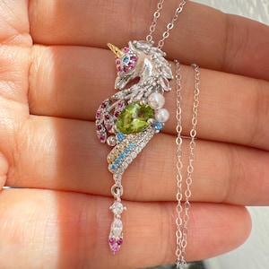 Collier licorne en péridot naturel, pendentif Pégase mythique en argent sterling 925, bijoux de luxe en rubis et topaze bleue, cadeau fantaisie