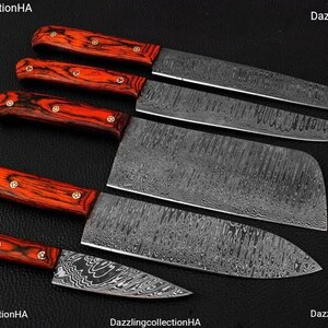Handmade Forged Damascus Chef&#39;s Knife Set of 5 BBQ Knife Kitchen Knife Gift for Her  Gift for Mom Camping Knife Gift for Him Groomsmen gift