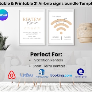 Paket med mallar för Airbnb-skyltar: Husregler, WiFi, redigerbara Canvas-skyltar (digital nedladdning)