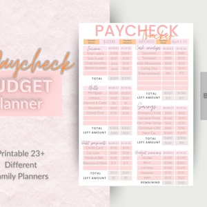 Peut inclure: Un planificateur de budget imprimable rose et pêche avec le titre "Paycheck Budget Planner". Le planificateur comprend des sections pour les revenus, les factures, les économies, les paiements de dettes et un résumé du budget. Le planificateur est conçu pour aider les gens à suivre leurs finances et à respecter leur budget.