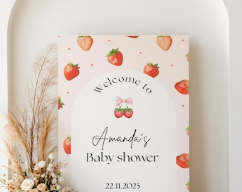 Strawberry Baby Shower Welcome Sign, Editable Fruit Signage (Digital Download)