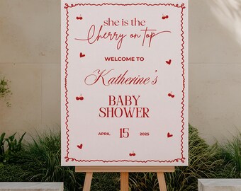 Cherry Baby Shower Welcome Sign, Editable Girl Poster (Printable)
