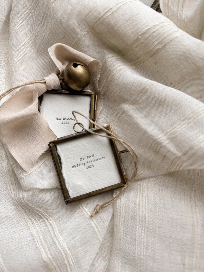 Our Wedding 2024, Our Wedding 2025 Christmas Ornament, Custom Ornament, Letterpress, Handmade paper, Brass frame, Christmas frame, keepsake, Wedding gift, anniversary gift, gift for couples, gift for newly weds, stocking stuffers