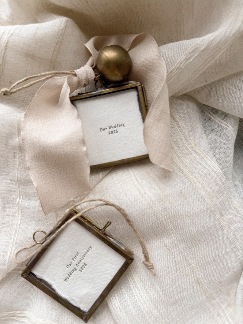 Our Wedding 2024, Our Wedding 2025 Christmas Ornament, Custom Ornament, Letterpress, Handmade paper, Brass frame, Christmas frame, keepsake, Wedding gift, anniversary gift, gift for couples, gift for newly weds, stocking stuffers