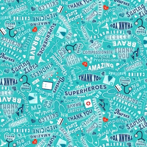 Timeless Treasures Everyday Heroes Aqua Medical Heroes First Responder Fabric - 1 yard