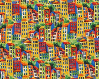 Paintbrush Studio Portofino Multi Packed Buildings fabric - 1 yard 4 inches - last piece