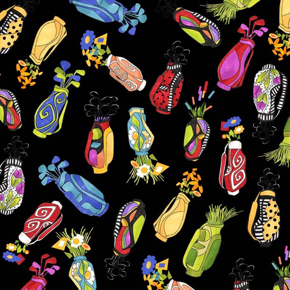 NEW Loralie Designs Golf Happy Club Weave Black fabric 1 yard
