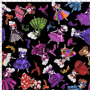 May include: A black fabric with a repeating pattern of colorful masked women in various poses. The women are wearing elaborate dresses and masks, and some are holding masquerade masks. The background is black.